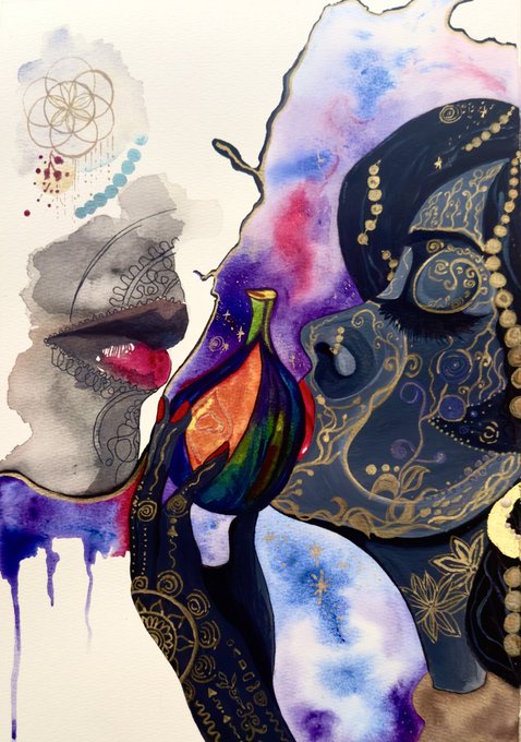 A surreal mixed-media artwork depicting a profile of a dark-skinned figure with gold ornamental detailing alongside a ghostly partial face with parted lips in shades of blue, purple, and watercolor splashes. The accompanying post suggests the piece evokes "the kiss that never landed," with the painting's ethereal quality and dripping pigments reflecting its spontaneous, "manifested" creation on April 2, 2025, making it available as an NFT on @objktcom.