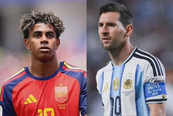 A side-by-side photo of two soccer players: a young player in a red Spain jersey (number 10) on the left, and Lionel Messi in an Argentina jersey on the right.