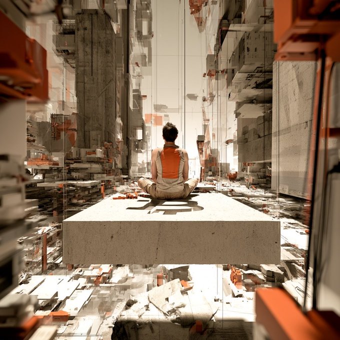 A surreal architectural rendering showing a person in an orange tank top sitting cross-legged on a floating concrete platform within a dense, abstract cityscape.
