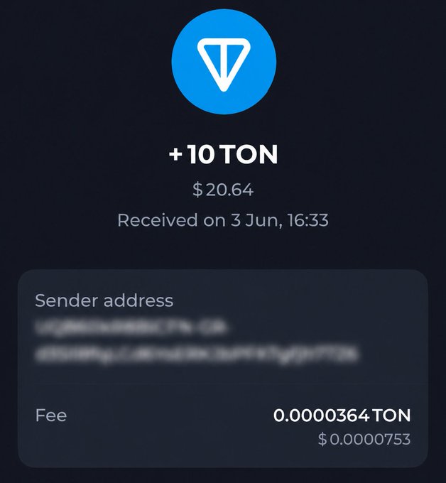The image displays an electronic transfer of 10 TON as a reward for completing a task or fulfilling a condition, which appears to be set up by another person. The transfer amount, $20.64, has been sent to a random user who may have provided assistance in achieving this goal. This payment is expected to arrive on 3rd June, 1633.
The transaction details are presented within the image with a caption above it that says "Giving away ?". There's also an accompanying post discussing the reward structure and encouraging users to participate by completing tasks or fulfilling conditions for receiving TON.