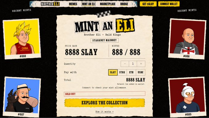 Screenshot of a 'MINT AN ELI' website for Brother Eli's Bald Kings NFT collection on Starknet, showing a price of 8888 $LAY with 888/888 minted and marked as 'SOLD OUT'.