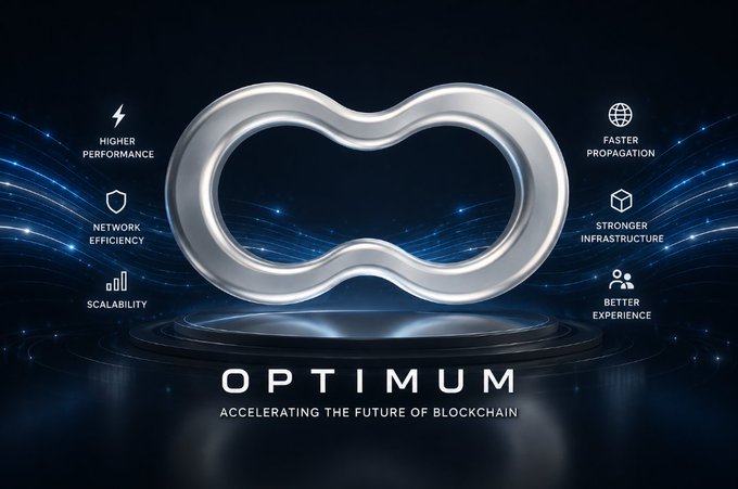 A futuristic blockchain promotional graphic displays a silver infinity-shaped ring centered above the word 'OPTIMUM' with the tagline 'ACCELERATING THE FUTURE OF BLOCKCHAIN', surrounded by icons labeled 'HIGHER PERFORMANCE,' 'NETWORK EFFICIENCY,' 'SCALABILITY,' 'FASTER PROPAGATION,' 'STRONGER INFRASTRUCTURE,' and 'BETTER EXPERIENCE.'