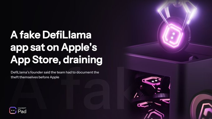 The image displays a headline reading "A fake DefiLlama app sat on Apple's App Store, draining" with a subheading noting that "DefiLlama's founder said the team had to document the theft themselves before Apple," accompanied by a 3D rendering of a glowing purple/pink llama-themed device that visually represents the DeFi platform whose branding was exploited by scammers.