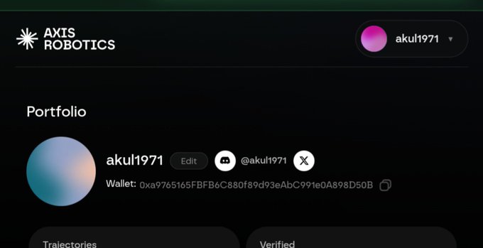 The image shows an Axis Robotics profile page for user "akul1971" displaying their wallet address (0xa9765165FBFB6C880f89d93eAbC991e0A898D50B) and social connection buttons for Discord (@akul1971) and X, illustrating the Discord and X linking feature mentioned in the post.