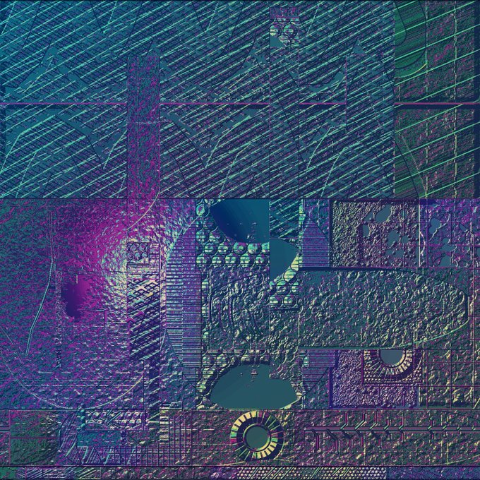 Colorful abstract digital artwork featuring teal, purple, and magenta tones with textured patterns and circular elements that resemble a circuit board or technological design.