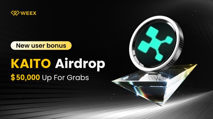The image is a promotional banner from WEEX announcing a KAITO airdrop for new users, featuring a stylized green KAITO coin displayed on a crystal prism, with text highlighting a $50,000 USDT prize pool and 0-fee trading rewards during the event period from 07/09/2026 to 07/16/2026 (UTC+8).