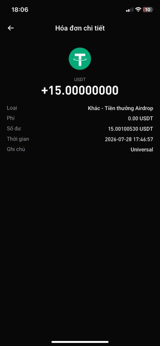 A mobile phone transaction detail screen in Vietnamese showing a USDT airdrop receipt of +15.00000000 dated 2026-07-28, with a green USDT logo.
