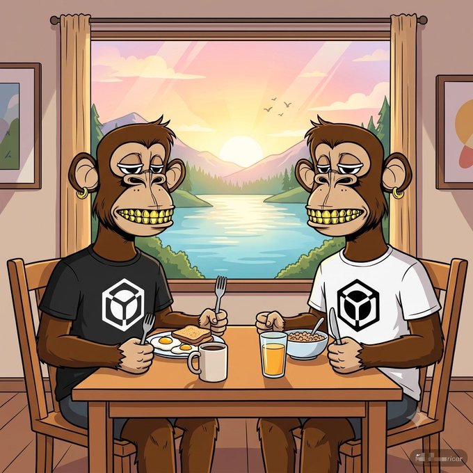 A cartoon-style illustration of two monkeys with gold teeth wearing t-shirts with cube logos, sitting at a dining table eating breakfast in front of a window showing a sunset over a lake and mountains.