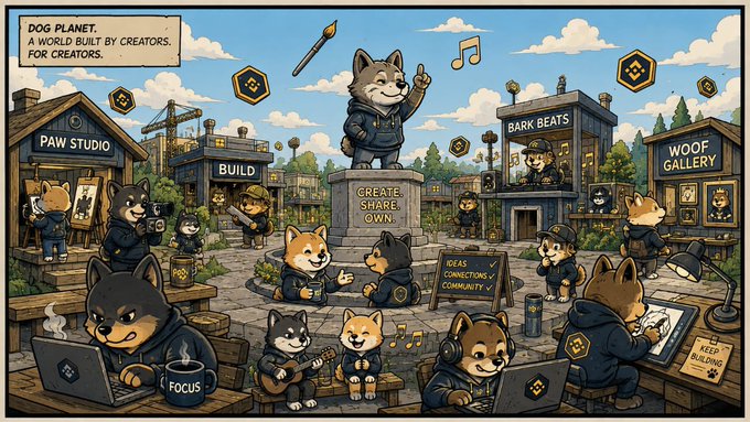 A cartoon illustration titled 'DOG PLANET - A WORLD BUILT BY CREATORS, FOR CREATORS' featuring anthropomorphic Shiba Inu dogs in a community setting with buildings labeled 'PAW STUDIO', 'BARK BEATS', and 'WOOF GALLERY'.