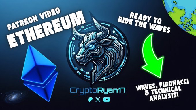 A YouTube thumbnail featuring the Ethereum (ETH) logo, a stylized blue bull, and the channel name "CryptoRyan17," promoting a Patreon video titled "Ready to Ride the Waves" with text promising "Waves, Fibonacci & Technical Analysis." The image aligns with the post's bullish prediction of ETH reaching $8,000 by early 2027, as the bull imagery and wave analysis reference suggest a long-term upward trend for Ethereum.
