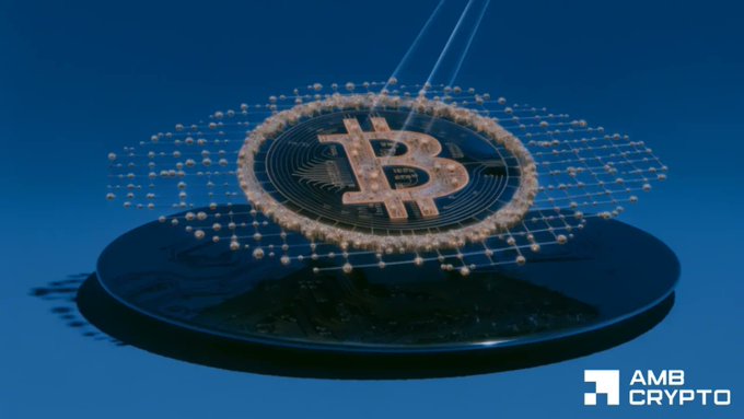 A 3D rendering of a golden Bitcoin symbol surrounded by a network of connected nodes hovering above a dark reflective disc against a blue sky, watermarked with the 'AMB Crypto' logo.