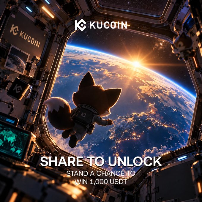 The image is a KuCoin promotional graphic featuring an astronaut fox mascot (KuKu) floating inside a space station with Earth visible through the window, accompanied by the text "SHARE TO UNLOCK" and "STAND A CHANCE TO WIN 1,000 USDT." This visually complements the post's announcement of a 1,000 USDT Lucky Draw prize pool for users who share posts featuring their KuKu badge and tag @KuCoinCom with #KuKuUniverse.