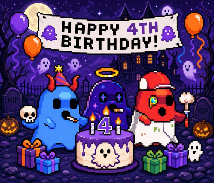 A pixel art birthday scene with a banner reading 'HAPPY 4TH BIRTHDAY!' featuring three ghost characters gathered around a birthday cake with the number 4, set in a spooky Halloween graveyard with haunted house, balloons, and jack-o'-lanterns.