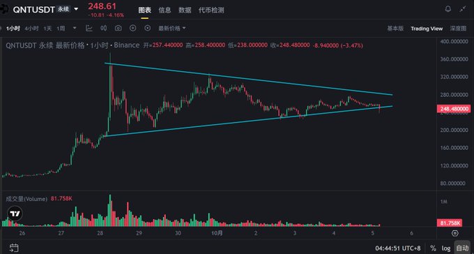 A trading chart for the QNTUSDT pair on Binance shows a current price of 248.61, a 3.47% decrease, and a descending triangular pattern with volume bars at the bottom.