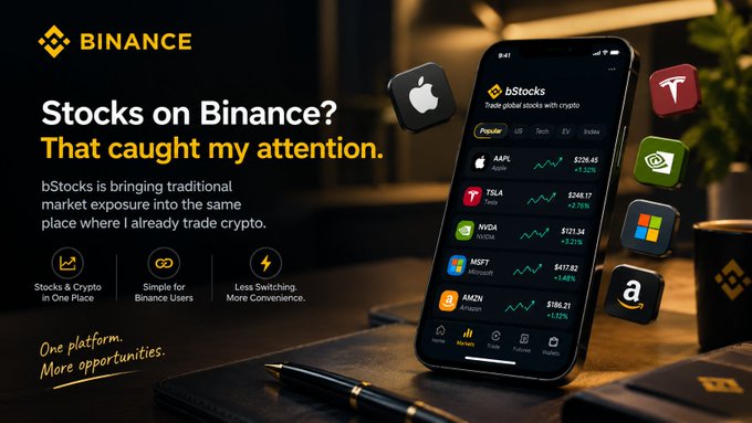The image is a Binance promotional graphic for bStocks, showing a smartphone displaying popular stock tickers like AAPL ($226.45), TSLA ($248.17), NVDA ($121.34), MSFT ($417.82), and AMZN ($198.21) alongside the tagline "Stocks on Binance? That caught my attention," highlighting the integration of traditional market exposure into the crypto platform.