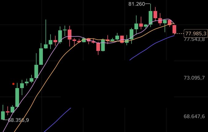 A candlestick chart shows Bitcoin's price surging from 68,356.9 to a peak of 81,260, currently retracing to 77,985.3 (above the 77,543.8 moving average), illustrating the volatile emotional rollercoaster of holding Bitcoin.