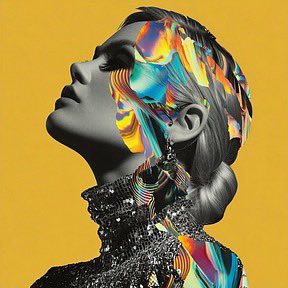 A striking digital artwork of a woman in profile with her head tilted back against a mustard yellow background, featuring vibrant, multi-colored abstract patterns flowing from her hair and ornate beaded necklace.