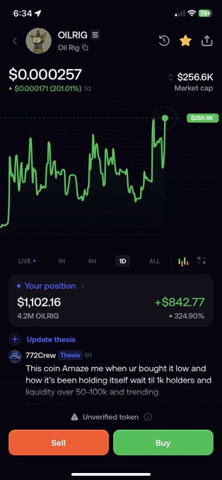 A trading app screenshot displays the OILRIG token at $0.000257 with a 201.01% increase, showing a 1D chart, a position of $1,102.16 with a +324.90% gain, and Sell/Buy buttons.