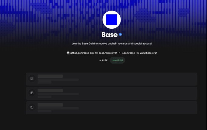 A dark webpage screenshot for 'Base' cryptocurrency featuring a blue square logo, text reading 'Join the Base Guild to receive onchain rewards and special access!', social links, a '617K' count, and a 'Join Guild' button.