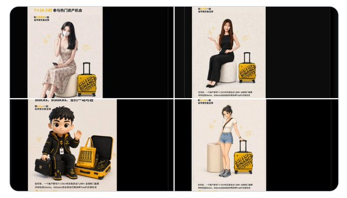 The image displays four promotional advertisements featuring women and a man posing with yellow "Meta Novice" branded luggage bags, with Chinese text promoting a "TX 24 Hours" event, marking a "strong arrival" of the 3OKU, U30KU, and Jiji cross-border models alongside the BCard.

The connection to the accompanying post appears to be promotional material for Binance bStocks' first official announcement, where the playful caption ("little cards flooding the screen") suggests these yellow luggage-themed ads are tied to the launch of the bCard product.