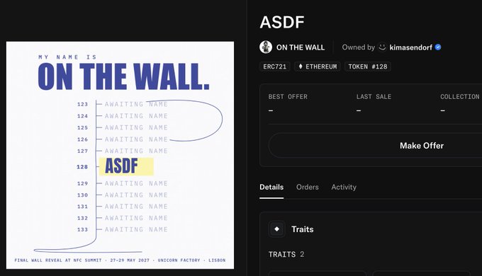 A digital collectible page titled "MY NAME IS ON THE WALL." showing token #128 named "ASDF" on the Ethereum blockchain (ERC721), with the highlight "ASDF" hand-drawn in blue.