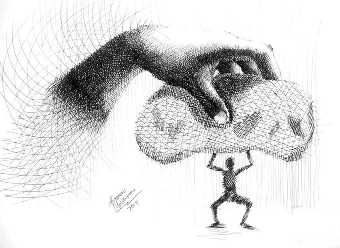 Pen drawing of a tiny figure lifting a massive rock being held by a giant hand, signed by the artist.