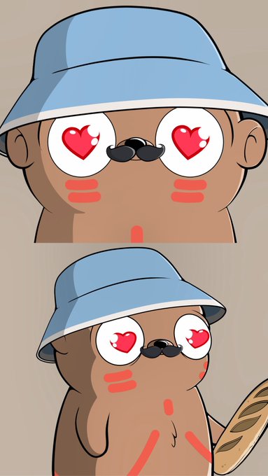 A cartoon illustration of a brown character wearing a blue bucket hat and sunglasses, with red heart eyes and blushing cheeks, holding a loaf of bread.