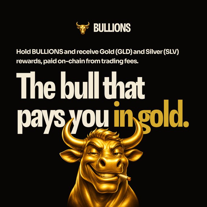 An advertisement for 'BULLIONS' featuring a golden bull with a cigarette and the tagline 'The bull that pays you in gold,' explaining that holding BULLIONS yields Gold (GLD) and Silver (SLV) rewards from trading fees.