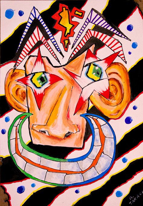 A vibrant, abstract mixed-media portrait of a stylized face with sharp angular features, colorful geometric patterns, and bold black, red, and yellow accents on the background, signed with 'TX-21' in the corner.