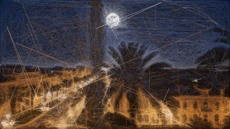 The image features a painting of a cityscape at night, with palm trees scattered throughout the scene. The painting has a dark blue background that contrasts with the warm orange glow from the lights illuminating the buildings. The artist's use of lines and shading adds depth and texture to the artwork. The post in question is titled "Train Journey with Palm Trees III ed." and includes an image of the painting, which is a digital art piece created by an artist named Palm Tree.