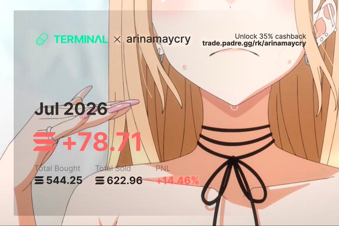 A July 2026 trading recap displayed over an anime-style background, showing a +$78.71 profit (+14.46%) with $544.25 total bought and $622.96 total sold, referencing the "TERMINAL x arinamaycry" promotion and the trader's trade.padre referral link. The graphic summarizes the user's monthly trading performance, aligning with their reflective post about July being a solid month despite missing additional opportunities.