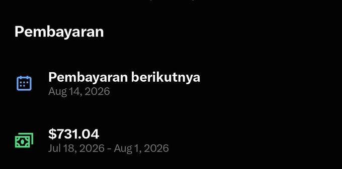 A dark-themed "Pembayaran" (Payment) dashboard screenshot shows a "Pembayaran berikutnya" (Next Payment) scheduled for Aug 14, 2026, with a recent payout of $731.04 for July 18 – August 1, 2026, illustrating the modest earnings from approximately 200K verified impressions mentioned in the post about discussing web3 and AI topics without viral content.