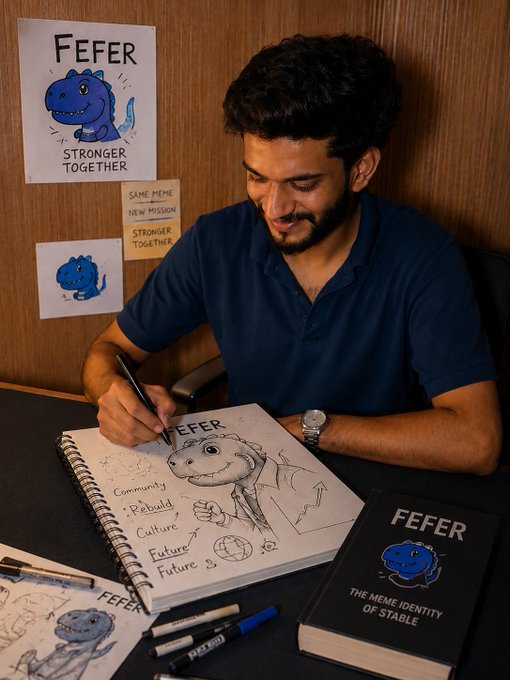 A man sits at a desk drawing a dinosaur character in a notebook labeled "FEFER" with concepts like "Community," "Rebuild," "Culture," and "Future" written nearby; posters on the wall and a book titled "FEFER: THE MEME IDENTITY OF STABLE" are visible.