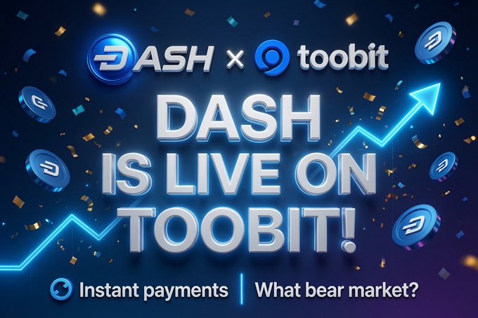 This image announces that DASH is now live on Toobit, showcasing an upward trend graph and confetti celebration. The text "DASH IS LIVE ON TOOBIT!" and the logos for DASH and Toobit are prominently displayed.