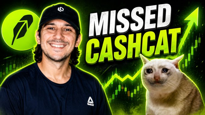 YouTube thumbnail for 'Missed Cashcat' featuring a smiling man in a black cap and shirt alongside a cat, with green financial chart graphics.