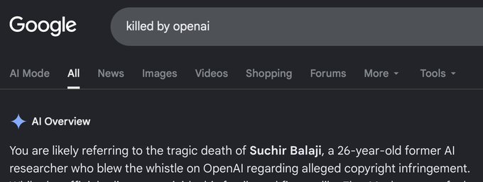 A Google search result for 'killed by openai' showing an AI Overview that references the tragic death of Suchir Balaji, a 26-year-old former AI researcher.