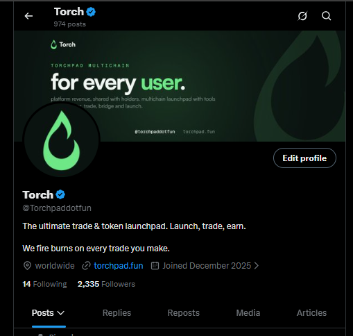 A Twitter/X profile page for 'Torch' (@Torchpaddotfun) with the tagline 'The ultimate trade & token launchpad. Launch, trade, earn. We fire burns on every trade you make.'