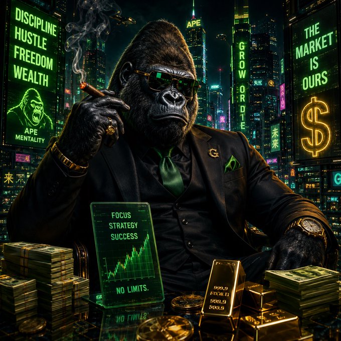 A stylized digital illustration of a gorilla in a suit and sunglasses smoking a cigar, surrounded by stacks of cash, gold bars, and a glowing chart displaying "FOCUS STRATEGY SUCCESS NO LIMITS." with neon signs reading "DISCIPLINE HUSTLE FREEDOM WEALTH" and "THE MARKET IS OURS."