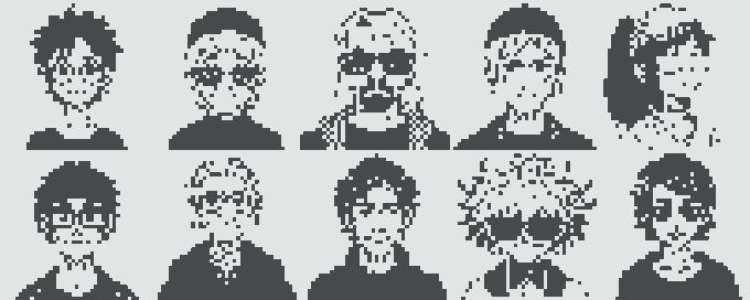 Black and white pixel art style illustration showing a grid of ten character portraits with varying hairstyles and facial features.