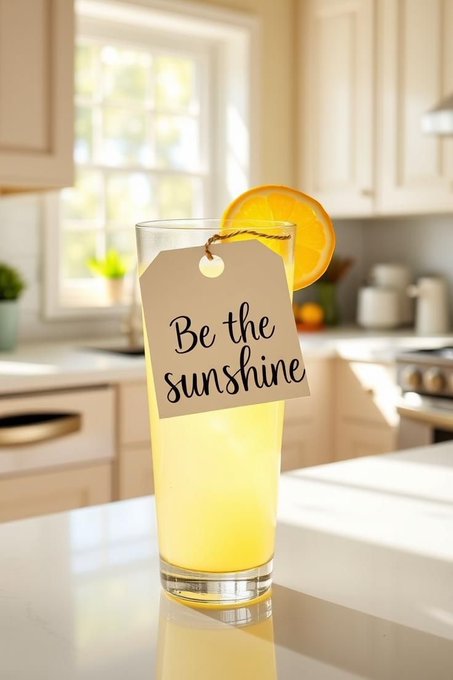 A tall glass of yellow orange juice garnished with an orange slice sits on a kitchen counter, featuring a tag that reads 'Be the sunshine'.