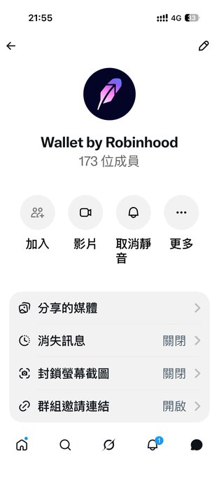 A screenshot of a Telegram group titled "Wallet by Robinhood" with the timestamp 21:55 and 4G signal indicators, showing the group currently has 173 members in the member count displayed below the title. The interface shows Chinese-language options for joining, video, muting, and more, directly illustrating the post's claim about the rapid growth of Wallet X's Telegram community.