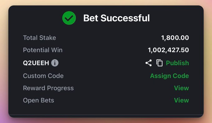 Dark-themed 'Bet Successful' notification showing a Total Stake of 1,800.00, a Potential Win of 1,002,427.50, with a custom code 'Q2UEEH' and options to Publish or Assign Code.
