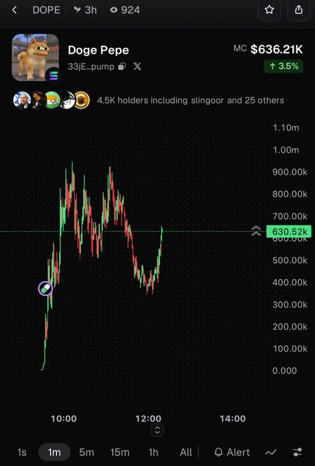 A mobile trading app screenshot displays a chart for the 'Doge Pepe' meme coin (ticker: 33), showing a market cap of $636.21K and a 3.5% increase.