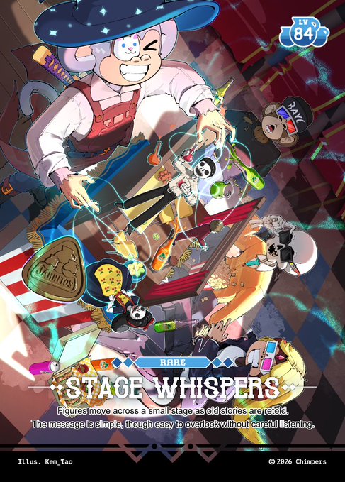 The image features a poster for Stage Whispers, an anime series about a group of characters who are always together. The poster includes a cartoon illustration of the main character, a monkey wearing a hat with a sword, surrounded by other characters from the show. There is also a small cartoon depiction of a person holding a gun and another one holding a gun and a knife.

The post mentions that the image was taken at the 2014 Tokyo Comic Con event. The poster includes text such as "Gm The @Jarritos and @ChimpersHQ collab has my ape in one of the collectable cards Love to see it". This suggests that there is an ongoing collection or promotion for the anime series, with a focus on the character "Ape" from Stage Whispers.