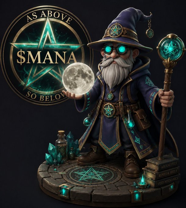 Digital art of a wizard holding a moon and staff, with a '$MANA' logo featuring a pentagram and the phrase 'AS ABOVE SO BELOW' beside him.