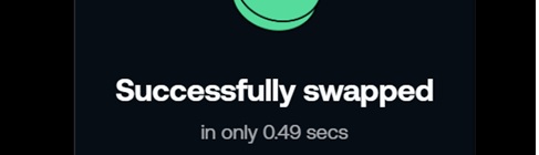 A dark notification screen displaying the text 'Successfully swapped' in 'only 0.49 secs' with a partial green icon at the top.