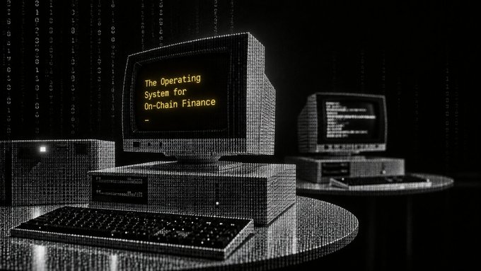 A stylized retro computer image in a wireframe or dotted pattern, with the monitor displaying "The Operating System for On-Chain Finance" in orange text.