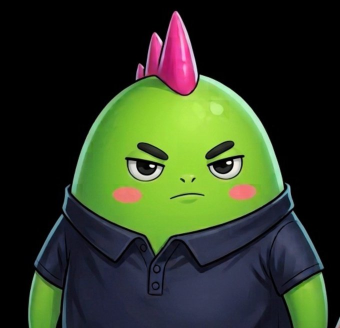 A cartoon illustration of a green dinosaur-like character with a pink mohawk and a serious expression, wearing a dark polo shirt.