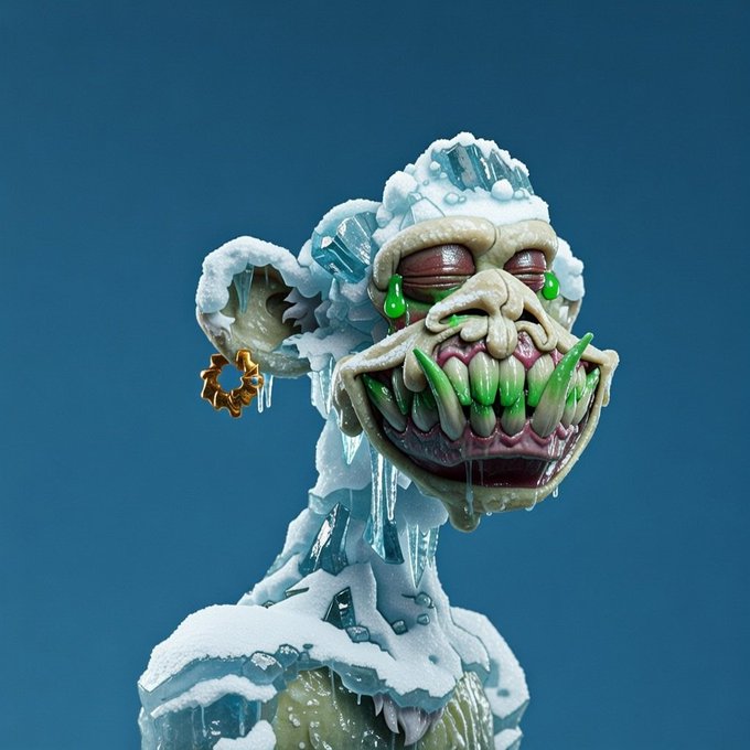 A 3D-rendered monstrous figure covered in snow and icicles displays sharp green teeth and creepy red eyes against a solid blue background.