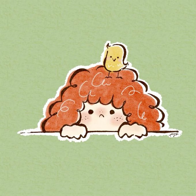 A whimsical sticker illustration on a soft green background shows a sad-faced character with voluminous, curly orange-red hair peeking over a ledge, with a small cheerful yellow chick perched on top of the hairdo. The image pairs with the motivational "gm" message about overcoming self-imposed limits, using the contrast between the gloomy figure below and the carefree bird above as a playful metaphor for breaking through personal barriers.